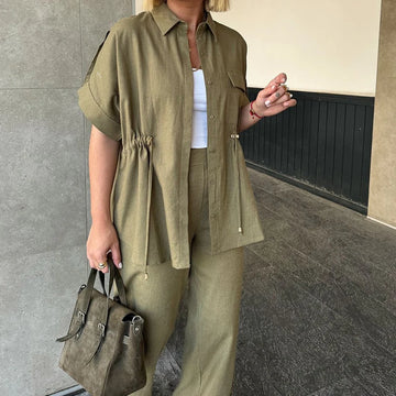 MQTIME  -  Summer Elegant Button Wide Leg Suit Casual Short Sleeve Shirt & Long Pant Outfits Women Fashion Lapel Solid Loose 2Pc Sets